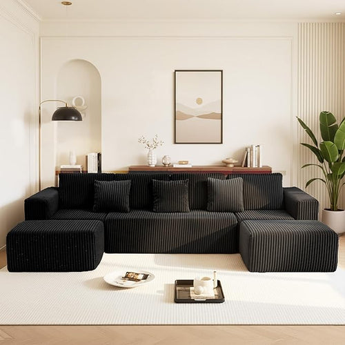 132" U Shaped Modular Sofa, 4-Seater Sectional Cloud Couch with Chaise, Soft Corduroy Boneless for Living Room, No Assembly Required, Free Configuration, Black