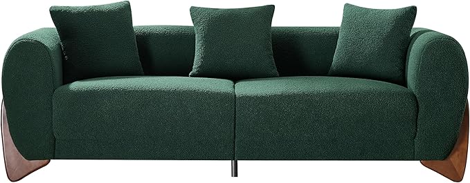 87" Sherpa Boucle Cloud Couch Modern 3 Seater Sofa with Solid Wood Legs, 25" Extra Deep Seat, Comfy Thick Cushion Upholstered Sofa Couches with 3 Pillows for Living Room, Green