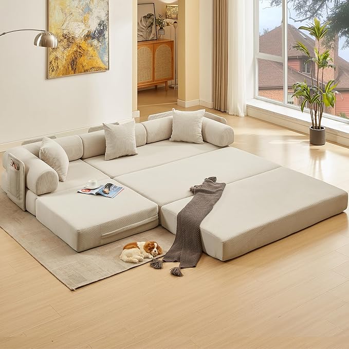 L Shaped Convertible Modular Sofa Bed with Cylindrical Pillow & Reversible Chaise, Corduroy Folding Floor Sofa Couch Bed with Fixed-Shape Frame & Storage Pocket for Living Room, Beige
