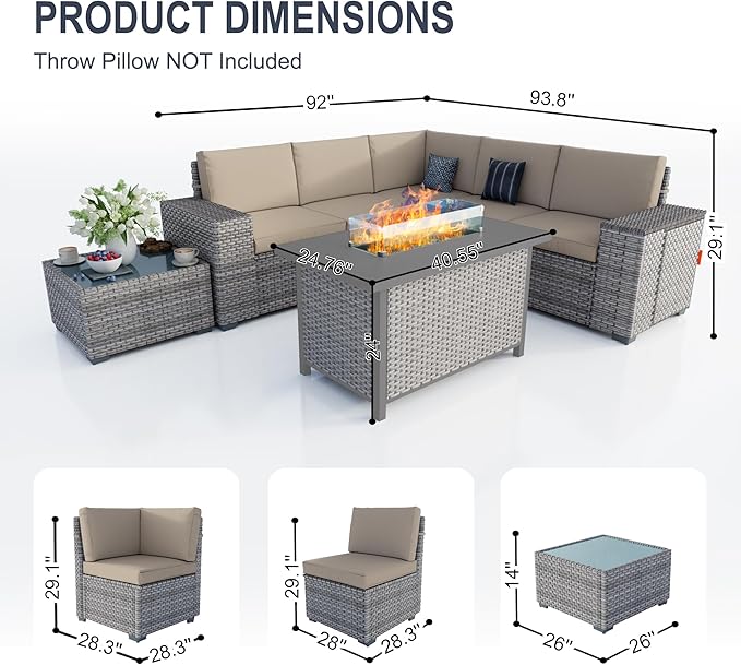 13 Pieces Patio Furniture Set, Outdoor Modular Sectional Couch Conversation Set with Wide Armrests, Wicker Seating Group Sofa with Coffee Table and Fire Pit for Backyard Balcony (Khaki Cushions)