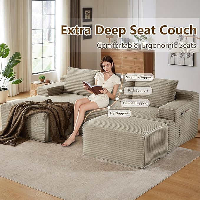 96" U-Shape Cloud Couch, Modern Modular Sectional L-Shape Sofa with Ottoman, Corduroy Upholstered Couches Deep Seat Sleeper Chaise Longue for Living Room, No Assembly Required(Camel, Left Facing)