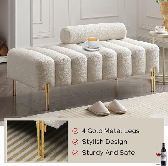 NIOIIKIT 53.2" Modern Loveseat Sofa Couch, Upholstered Accent Sofa with Golden Legs and Adjustable Backrest, Small Teddy Fleece Couches for Bedroom, Living Room, Compact Small Space (Beige)