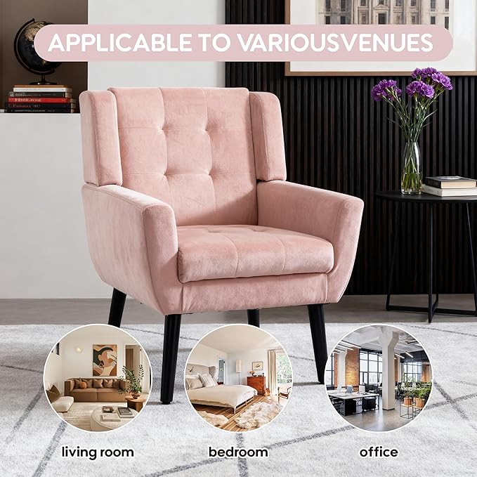 OO BY ORANGE ONLINE Velvet Accent Chair, Mid-Century Modern Tufted Armchair for Living Room, Bedroom & Office (Pink)