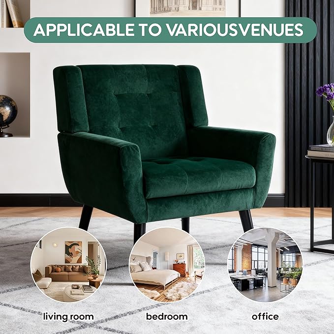 OO BY ORANGE ONLINE Velvet Accent Chair, Mid-Century Modern Tufted Armchair for Living Room, Bedroom & Office (Hunter Green)