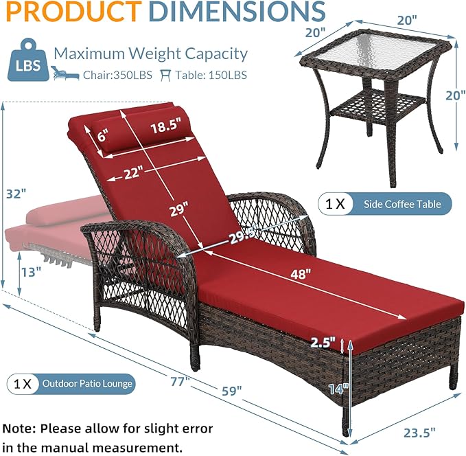WINGTU Outdoor Chaise Lounge Chair with Side Table, All Weather PE Rattan Patio Lounge Chair with Cushion, 6-Positions Adjustable Pool Sunbathing Recliner for Poolside, Backyard, Armrest & Pillow, Red