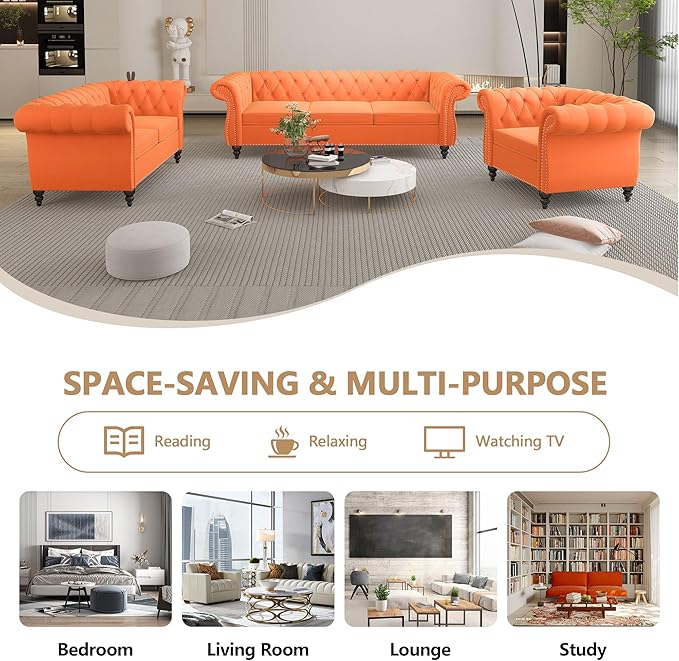 QHITTY Accent Sofa, Chesterfield Loveseat Modern Velvet Couch Upholstered Sofa with Tufted Back for Living Room Furniture (Orange)
