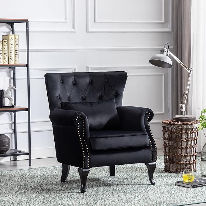 LZAREAL Accent Reading Arm Chairs for Living Room Bedroom, Midcentury Modern Comfy Corner Sofa Chair, Wingback Waiting Room Club Chair with Button Tufted Back &Lumbar Pillow, Velvet Black