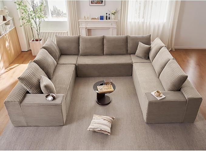 Sectional Cloud Couch for Living Room, Big Comfy Corduroy Couches Set with Fluffy Memory Foam, Modular Floor Deep-Seat Sofa, Stupendous U Shaped Sofas with 12 Pillows, No Assembly Required, Camel