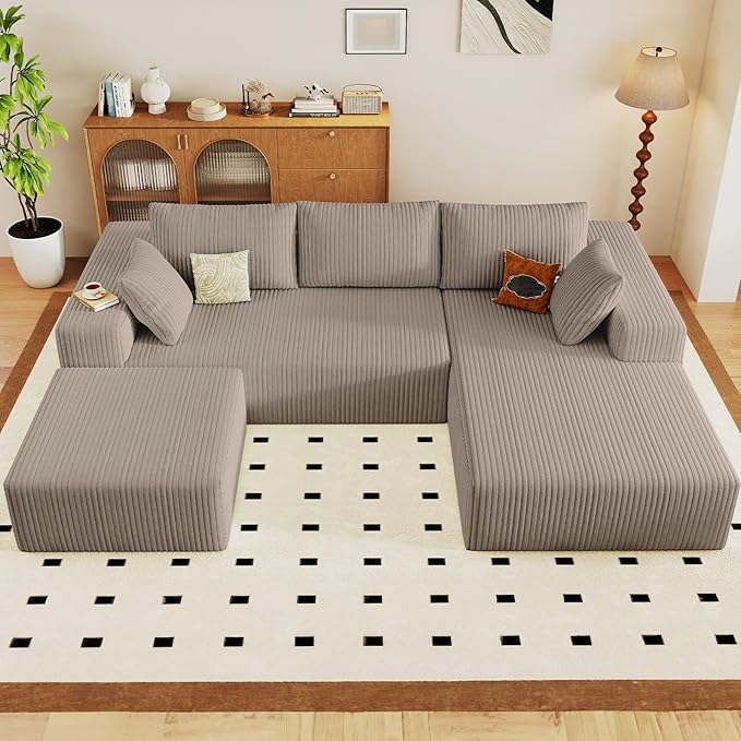 96" W Cloud Sectional Couch with Ottoman,Modern U-Shaped Cloud Couch with Deep Seat,Comfy Corduroy 3-Seater Sofa,Memory Foam Sofa for Living Room,No Assembly (Camel,Right-Facing Chaise)