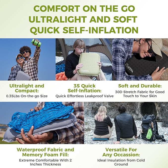 ATEPA Inflatable Seat Cushion, Self-Inflating Portable Stadium Airplane Travel Foam Cushion Pad for Camping, Sports Events, Outdoor