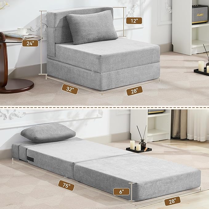 Folding Sofa Bed Convertible Floor Couch Foldable Chair Bed with Pillow，Linen Sleeper Chair Futon,Foldable Memory Foam Mattress for Bedroom/Living Room/Dorm/Office (Light Grey, Single)