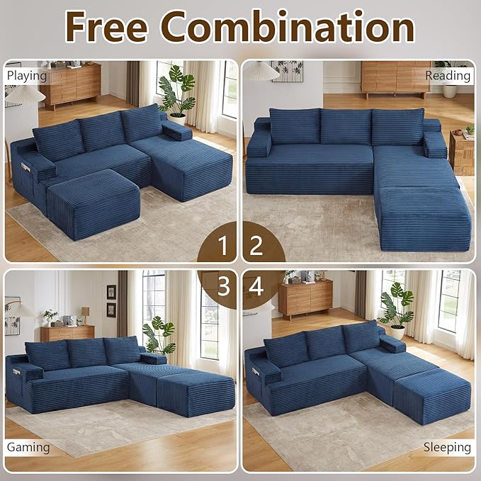 96" U-Shape Cloud Couch, Modern Modular Sectional L-Shape Sofa with Ottoman, Corduroy Upholstered Couches Deep Seat Sleeper Chaise Longue for Living Room, No Assembly Required(Blue, Right Facing)