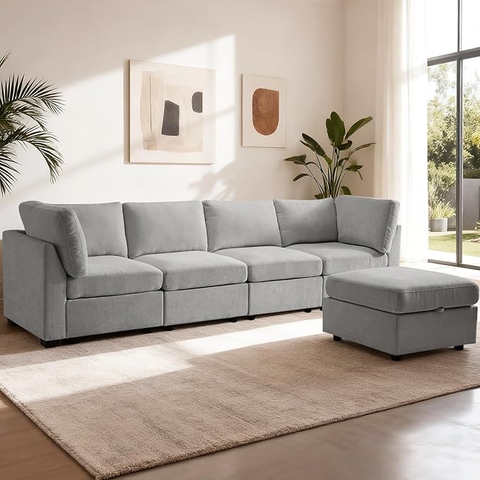 EDILLY 122 inches Oversized Modular Sectional Fabric Cloud Sofa Set, Extra Large L Shaped Couch Reversible Chaise Couch,4 Seat Modular Sofa with Storage Ottoman, Linen Grey