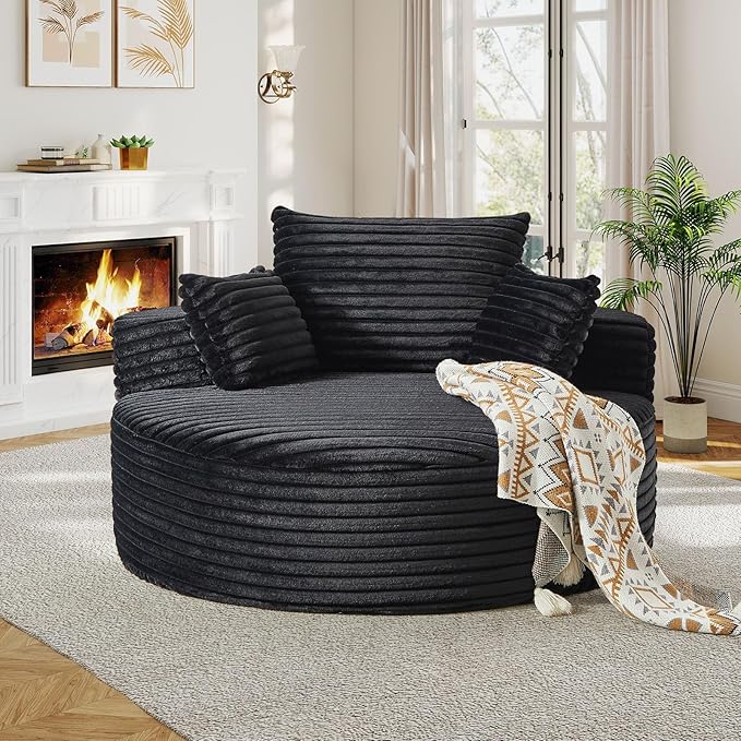 55"W Oversized Round Chair Lounge Chaise Indoor, Upholstered Comfy Circle Sofa Armchair, Modern Cozy Boneless Foam Floor Reading Chair for Living Room, Bedroom, No Assembly Required(Corduroy, Black)