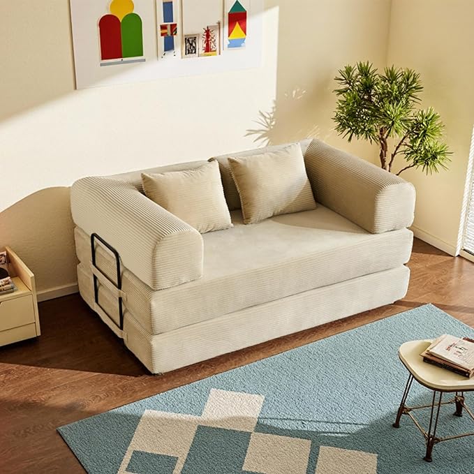 59 Inch 5-in-1 Convertible Sofa Bed, Corduroy Boneless Floor Couch with Fixed Frame & Pillow, Modular Folding Mattress Lounger for Small Space, Living Room, Bedroom - Easy Assembly(Beige)