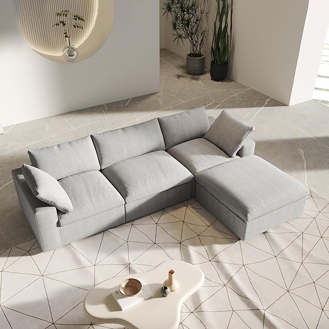 L-Shaped Cloud Sectional Couch, Light Grey Modular Sectional Sofa, Modern Comfy Cloud Sofa with Storage Ottoman, Covers Removable, Convertible Sleeper Couch for Living Room Apartment (Linen Fabric)