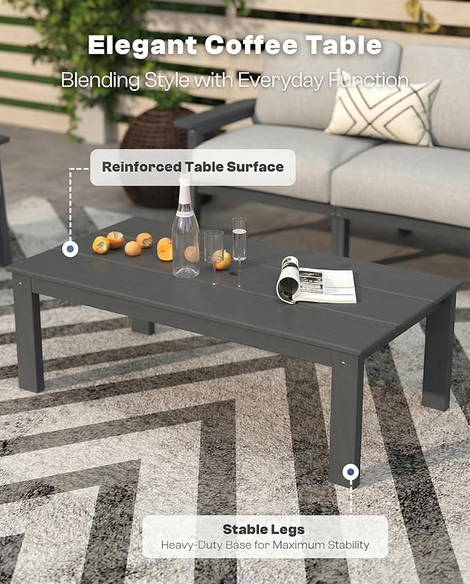 Patio Kingdom Patio Furniture Set 3 Seats, HDPE Outdoor Sectional with Washable Gray Thick Cushions, Coffee Table & Side Table, Patio Conversation Sets for Lawn, Garden, Porch, Balcony (Grey Frame)