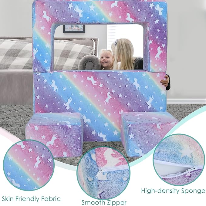 MeMoreCool Glow in The Dark Kids Couch – Modular Fold-Out Toddler Sofa (Rainbow) | Convertible Play Couch for Bedroom & Playroom; Chair, Bed, Fort or Ball Pit; Machine-Washable Velour Cover