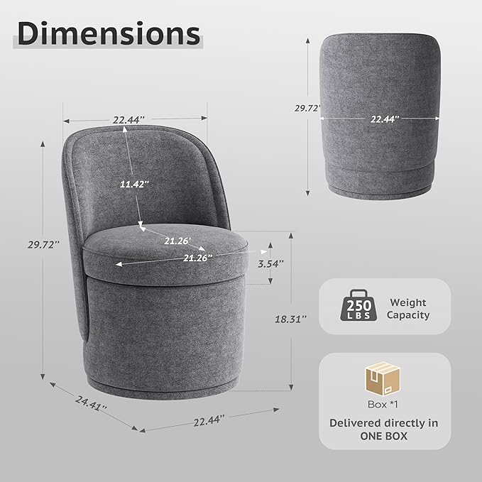MALOL Swivel Accent Chair, 360° Swivel Chair with Hidden Storage, Vanity Chairs, Modern Small Barrel Swivel Armchair for Living Room/Bedroom, Darkgrey