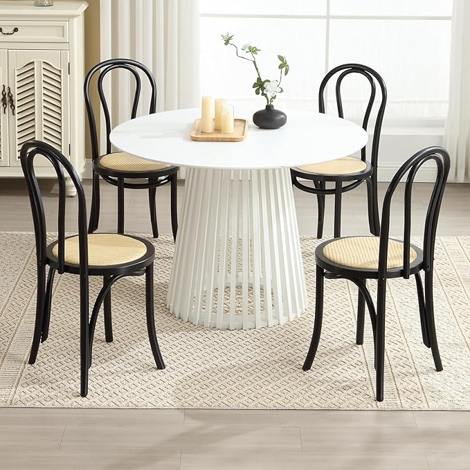DM Furniture Solid Wood Dining Chairs Set of 6 Mid-Century Modern Rattan Dining Room Chairs with Backrest Bentwood Side/Desk Chairs for Dining/Living Room,Home No Assembly Required, Black Wood