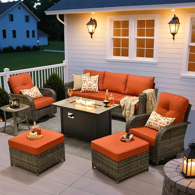 ovios 7 Pieces Patio Furniture Set, Outdoor Wicker Sofa Couch with Rocking Swivel Chairs Fire Pit Table, Modern Deep Seat Rattan Conversation Sets for Deck Porch, Grey