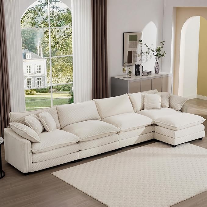 Aoowow Corduroy 4 Seater Cloud Couch with Ottoman,Modern Cloud Couches for Living Room,Modular Sectional Cloud Sofas with Deep Seat,Oversized Tufted L-Shaped Sofa Set (Beige, 4 Seater + 1 Ottoman)