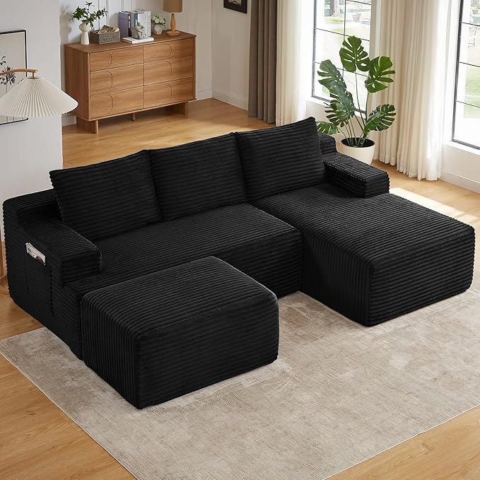 96" W Cloud Sectional Couch with Ottoman,Modern U-Shaped Cloud Couch with Side Pockets,Comfy Corduroy 3-Seater Sofa,Memory Foam Sofa for Living Room,No Assembly (Black,Right-Facing Chaise)