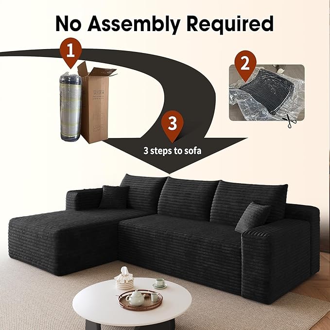 AUGOP 96" Sectional Couches for Living Room Modern Modular Sofa with L-Shape Couchs Upholstered Boneless Couch Deep Seat Sectional Couch with Chaise (Black, 96" Left Facing Chaise+2Seaters)
