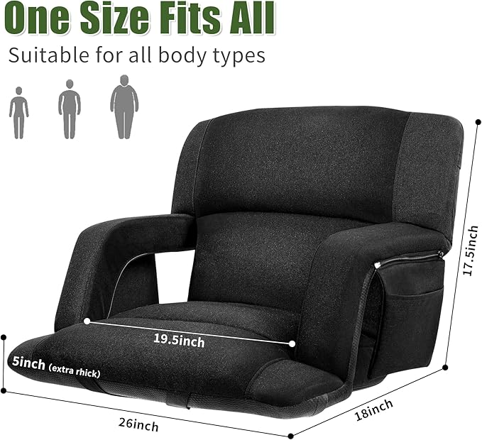 Extra Wide Bleacher Chairs with Back and Cushion Folding Stadium Chairs, Sofa Style Design ，6 Reclining Positions Waterproof Bleacher Seats (2, Black, Wide-26in)