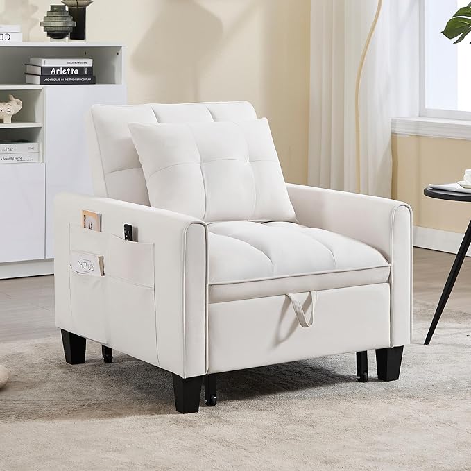 choairy Convertible Sleeper Chair, 3 in 1 Sleeper Chair Bed Pull Out Sofa Bed Chairs, Velvet Single Sofa with Adjustable Backrest for Adults Reading Living Room, Bedroom, Beige