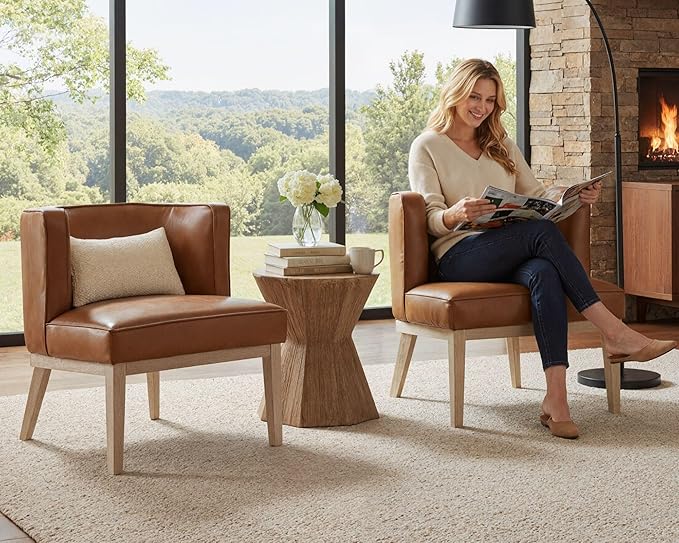 Comfy Barrel Chair Mid-Century Modern Accent Chair with Solid Wood Leg Upholstered Reading Arm Chair Faux Leather Waiting Room Round Side Chairs for Small Spaces Living Room Bedroom Office, Brown