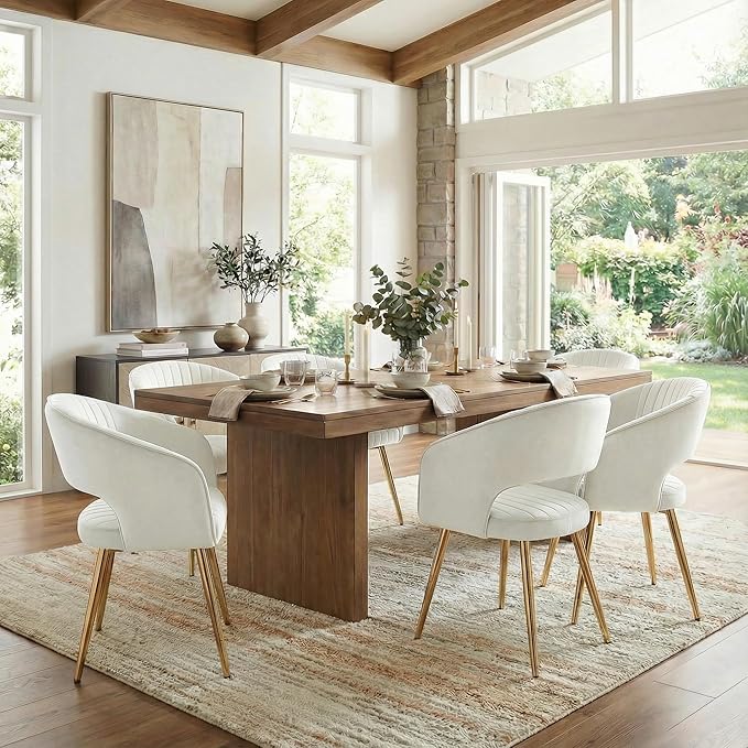 COMULER Cream Velvet Dining Chairs Gold Legs, Modern Dining Room Chairs with Arms Set of 4 Upholstered Accent Chair Armchair with Barrel Back for Kitchen Living Room