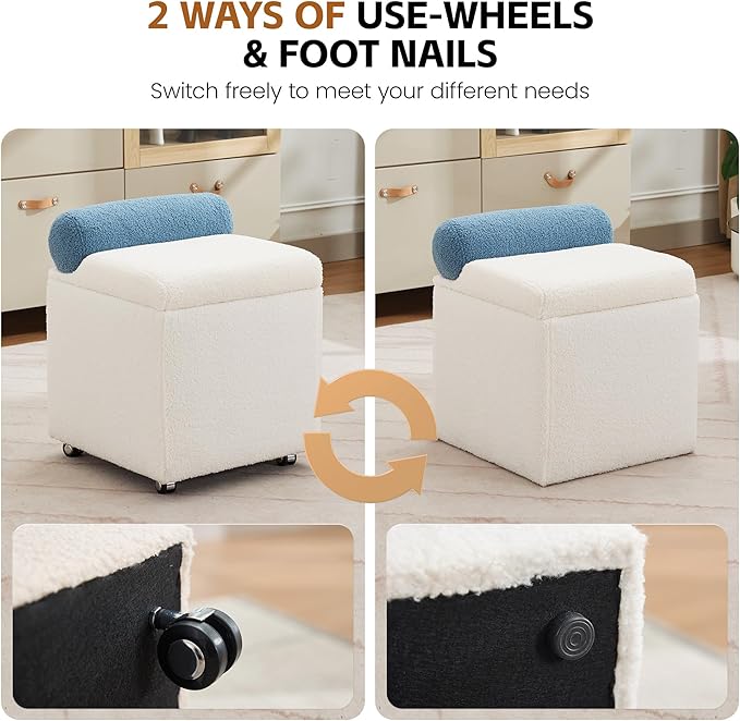 Boucle Vanity Chair with Storage, Swivel Vanity Stool with Safety Hinge, Upholstered Makeup Chair with Wheels, Square Ottoman Stool for Living Room, Dressing, Bedroom, White
