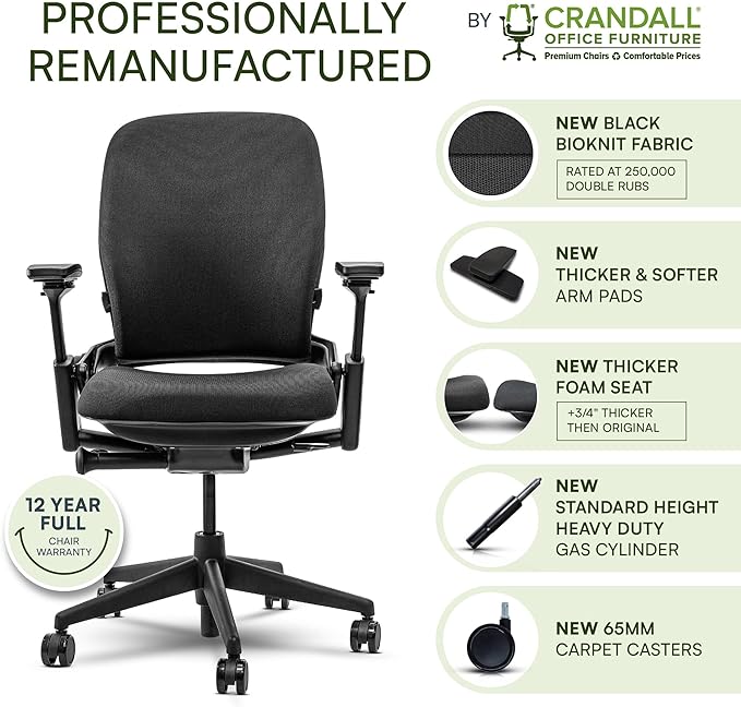 Steelcase Leap V2 Office Chair - Remanufactured by Crandall Office - Ergonomic, Fully Adjustable, 12-Year Warranty, Black Fabric - Premium Work & Home Office Seating