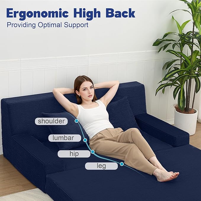 MeMoreCool Folding Sofa Bed Queen Corduroy Convertible Sleeper Chair – 2‑in‑1 Floor Sofa to Queen‑Size Bed | High‑Density Foam with Pillows | Removable Machine‑Washable Covers