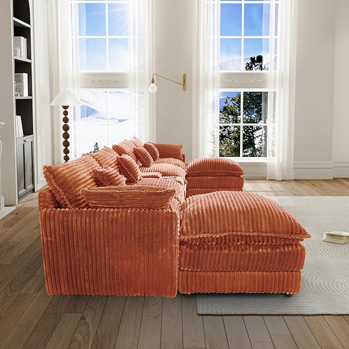 HYJT-H&K 145" U Shaped Cloud Couch Modular Orange Sectional Couches for Living Room, Comfy Fluffy Corduroy Oversized Cloud Sectional Couch Large 6 Seat Sectionals Sofa Set Central Console USB Port