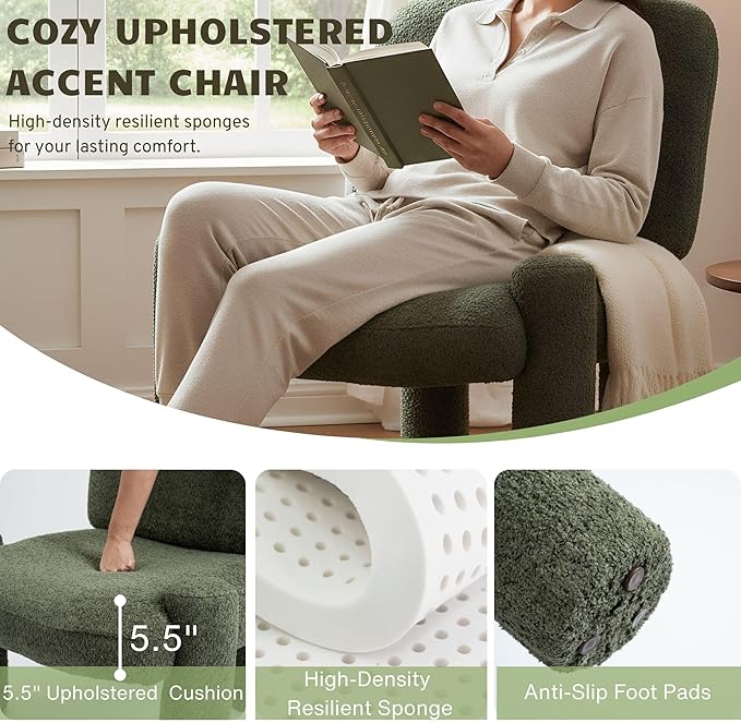 Wahson Modern Green Accent Chair, Chenille Fabric Upholstered Single Sofa with Padded Back & Solid Wood Legs, Comfy Reading Chair Side Chair for Living Room/Bedroom/Corner, Areless