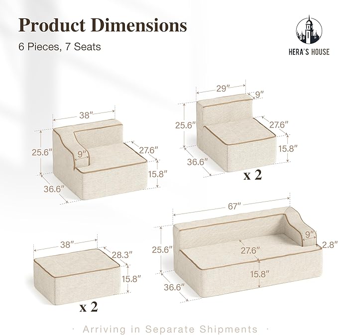 HERA'S HOUSE 163" Cloud Sectional Couch, Oversized U-Shaped Modular Upholstered Sofa with Ottomans, Corduroy Boneless Couches with 6 Throw Pillows for Living Room, No Assembly Required, Beige