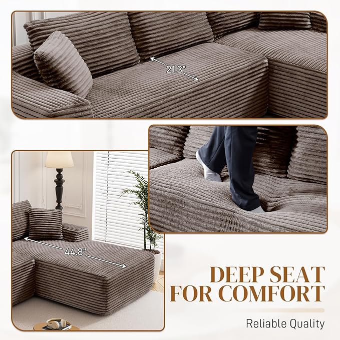 95" Boneless Cloud Sectional Couches for Living Room, Comfy Fluffy L Shaped Memory Foam Deep Seat Boneless Couch, Modular Sectional Sofa with Right Facing Chaise, Brown