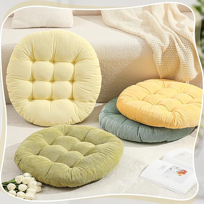 Jerify Floor Pillow Cushions 22 x 22 Inch Round Square Large Meditation Floor Pillow for Classroom Adult Meditation Picnic Party Cushion for Seating Gift Christmas(Round,Yellow-Green,4 Pcs)