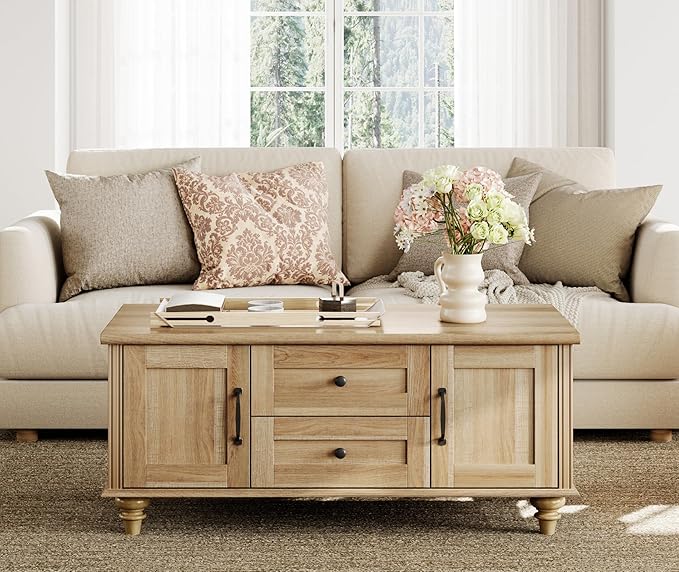 WAMPAT Oak Coffee Table with Drawer & Storage Cabinet, Farmhouse Rustic Center Table for Living Room, Rectangle Wooden Cocktail Table Tea Table for Home, Office
