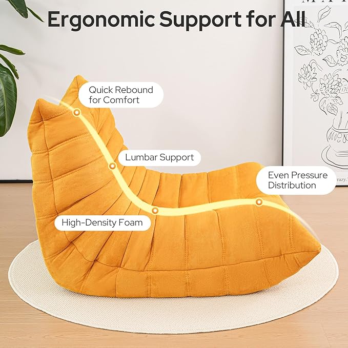 High-end Togo Bean Bag Chair, Fireside Chair with Yellow Suede Fabric Cover, Comfy & Soft Lazy Floor Lounge Sofa for Bedroom, Living Room, Office or Salon