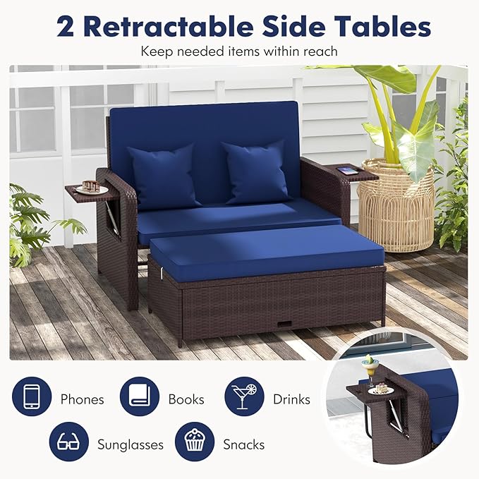 RELAX4LIFE Wicker Patio Outdoor Daybed - Rattan Day Bed Lounger with Loveseat & Storage Ottoman, Sunbed Sofa Set w/Cushions, 4-Level Adjustable Backrest & 2 Retractable Trays, Patio Daybed (Navy)
