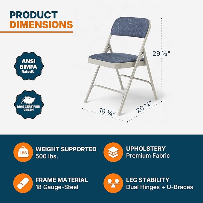 OEF Furnishings OEF2200 Series Heavy-Duty Premium Fabric Padded Upholstery Double-Hinged Folding Chairs (4-Pack, Imperial Blue/Gray)