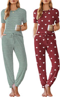 Ekouaer Pajamas for Women Set 2 Pack Lounge Set Short Sleeve Pjs Joggers Long Pants Loungepwear with Pockets