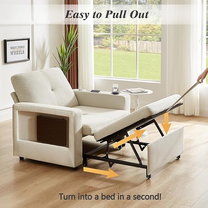 WEUP 42.5" Sleeper Chair Bed, 3-in-1 Oversized Convertible Sleeper Sofa Chair with Pull Out Bed, Reclining Adjustable Backrest/USB Ports/Table/Cup Holder, Tool-Free Assembly, Premium Beige