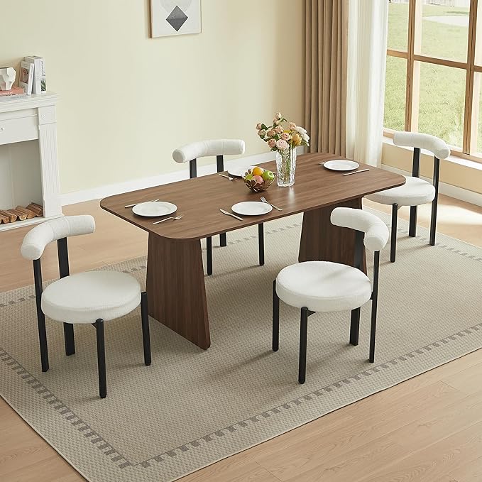Kiztir Dining Chairs Set of 4, Modern Boucle Dining Chairs with Curved Backrest and Black Metal Legs, Upholstered Teddy Dining Room Chairs for Kitchen, Living Room, Bedroom (Beige)