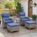 Belord Luxury 6" Thick Cushioned 5 Pieces Patio Furniture Set with 2 Ottomans, Wicker Outdoor Conversation Set with High Back Swivel Rocker Patio Chairs for Deck Porch Yard and Poolside - Grey+Blue