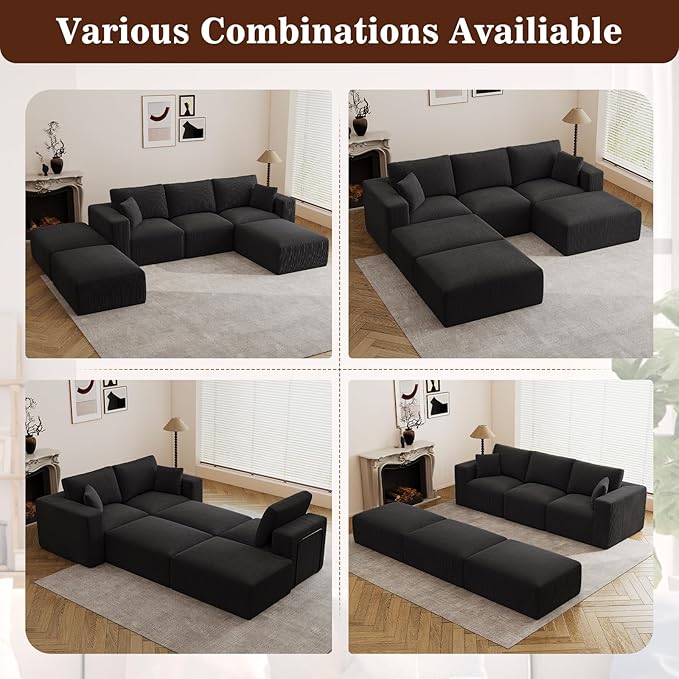 110" Modular Sectional Sofa, Cloud Couch Memory Foam Boneless Couch with Ottoman, Cozy 3 Seater Corduroy Floor Couch, No Assembly Required Living Room Furniture for Apartment, Black