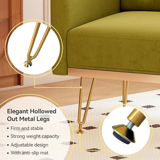 Accent Chair for Living Room, Comfy Oversized Velvet Upholstered Arm Chairs, Mid Century Modern Reading Single Sofa Side Chair with Tufted Back and Gold Legs for Bedroom (2, Olive Green)